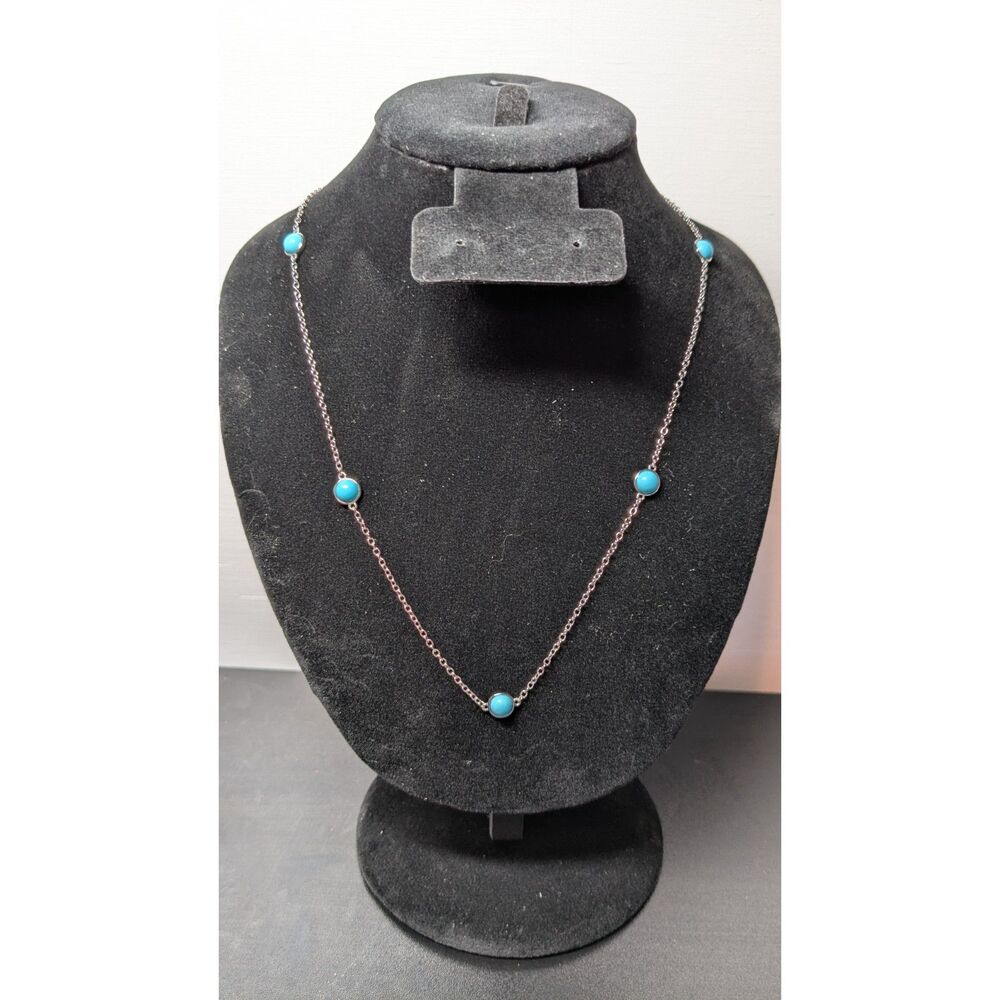 Blue Kingman Turquoise Rhodium Over Sterling Silver Necklace 24”